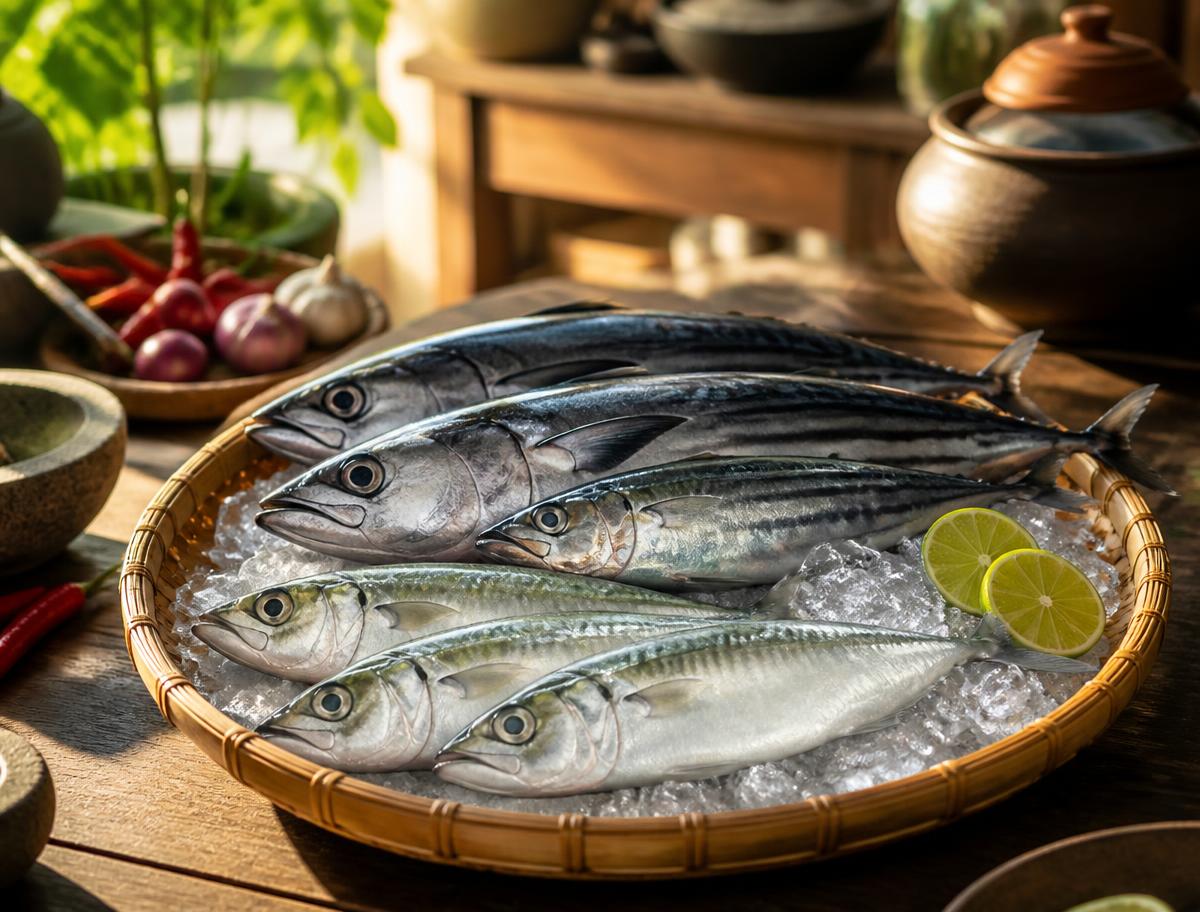 Ikan kembung dan tongkol segar di atas tampah bambu berisi es, disinari cahaya pagi