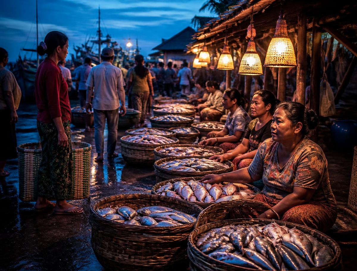 Pedagang memilih ikan laut segar di pasar ikan menjelang subuh dengan cahaya lampu hangat
