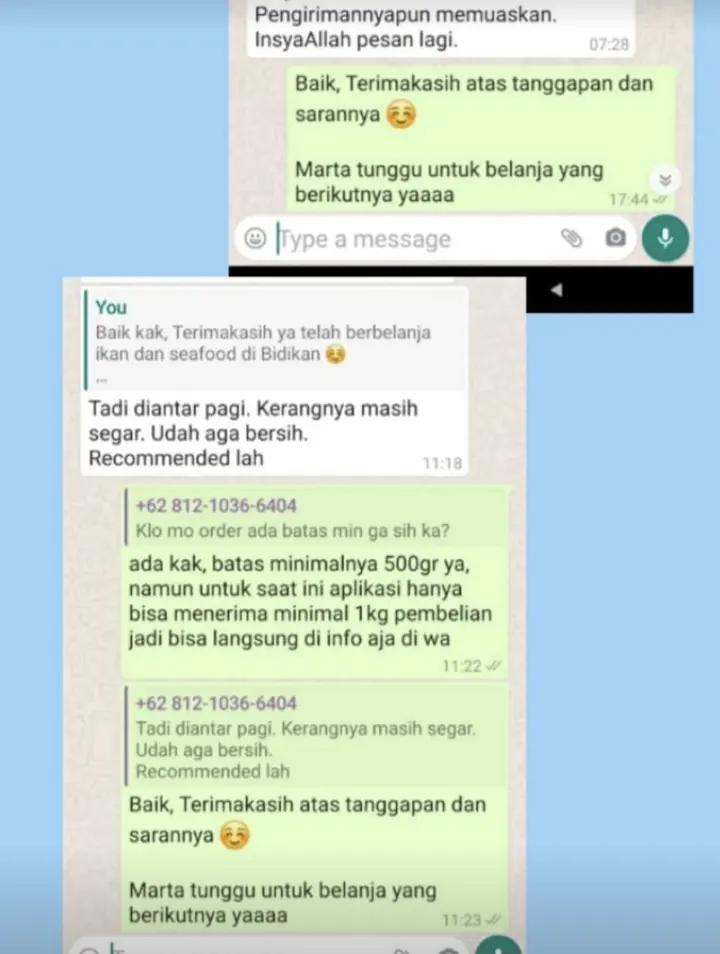 Testimoni WhatsApp pelanggan: diantar pagi, kerangnya masih segar